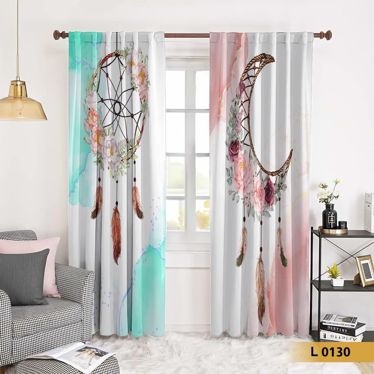 ستارة قطيفة طباعة 3D بتصميم دريم كاتشر وزهور بالألوان المائية – L 0130